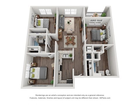 Floor plan for 3 beds, 2 baths, 1048 sqft